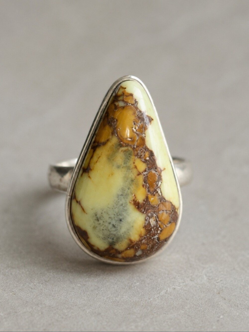 Vintage SS Yellow Variscite Statement Ring | Large Pear Cabochon | Size 8.5